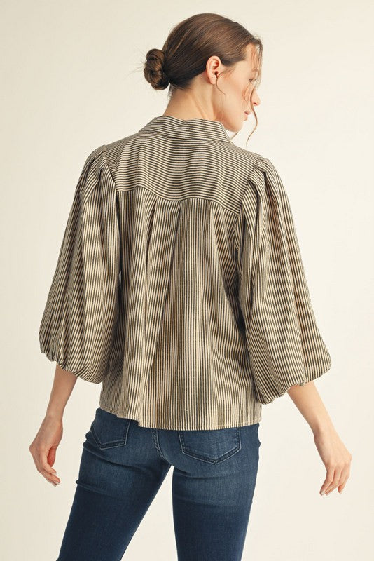 Pleated Shoulder Button Stripped Top
