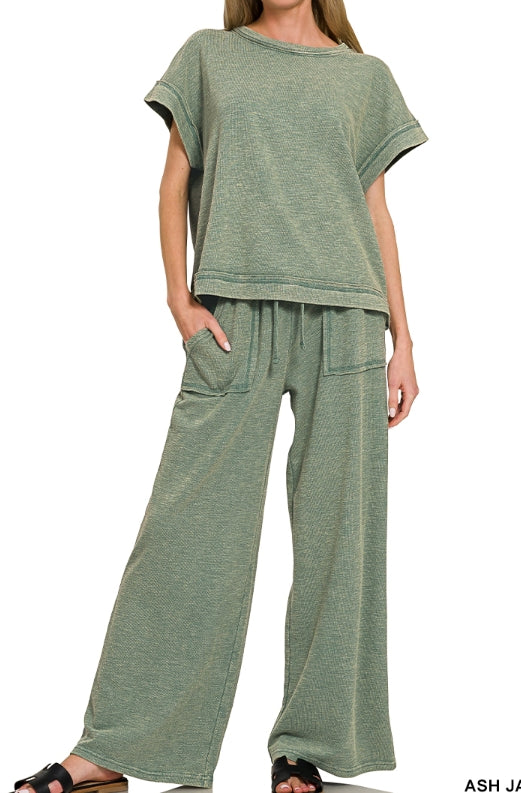 Washed Slub Sleeve Pants Set