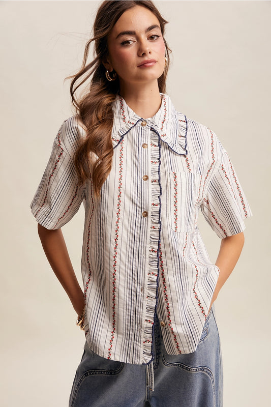 Striped Embroidered Blouse - Ecru