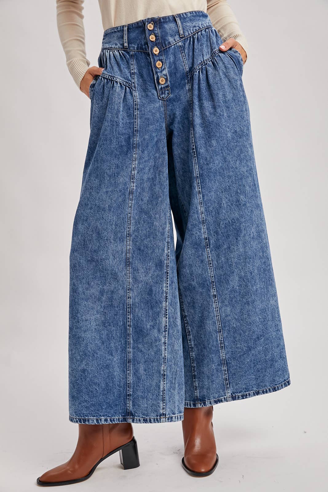 DENIM PLEATED RETRO HIGH-RISE WIDE LEG JEANS
