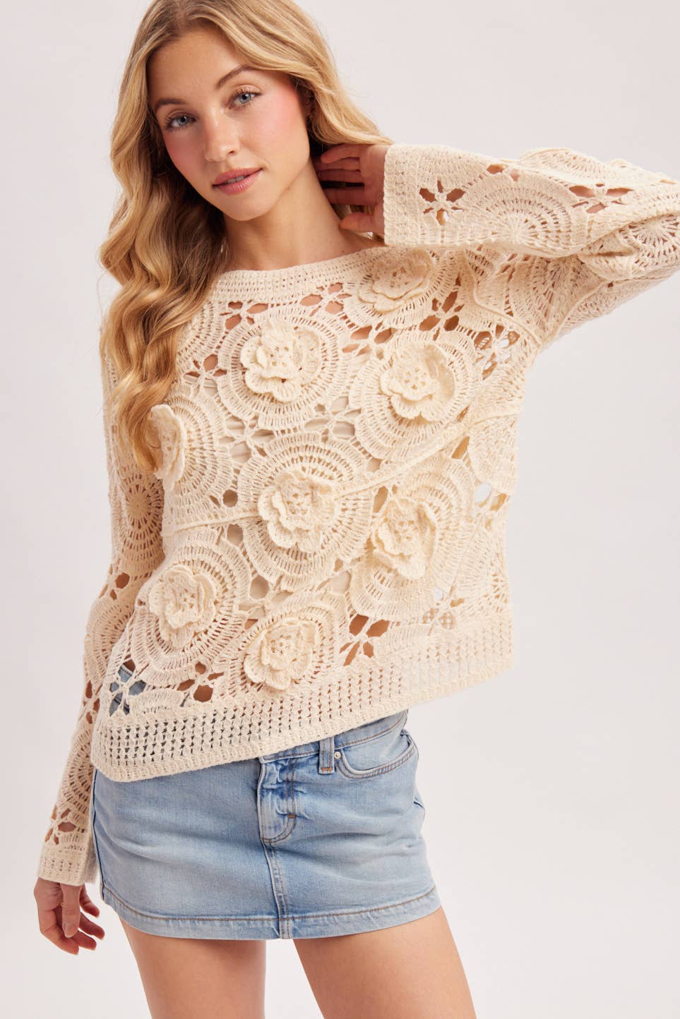 Boat Neck Floral Crochet Top