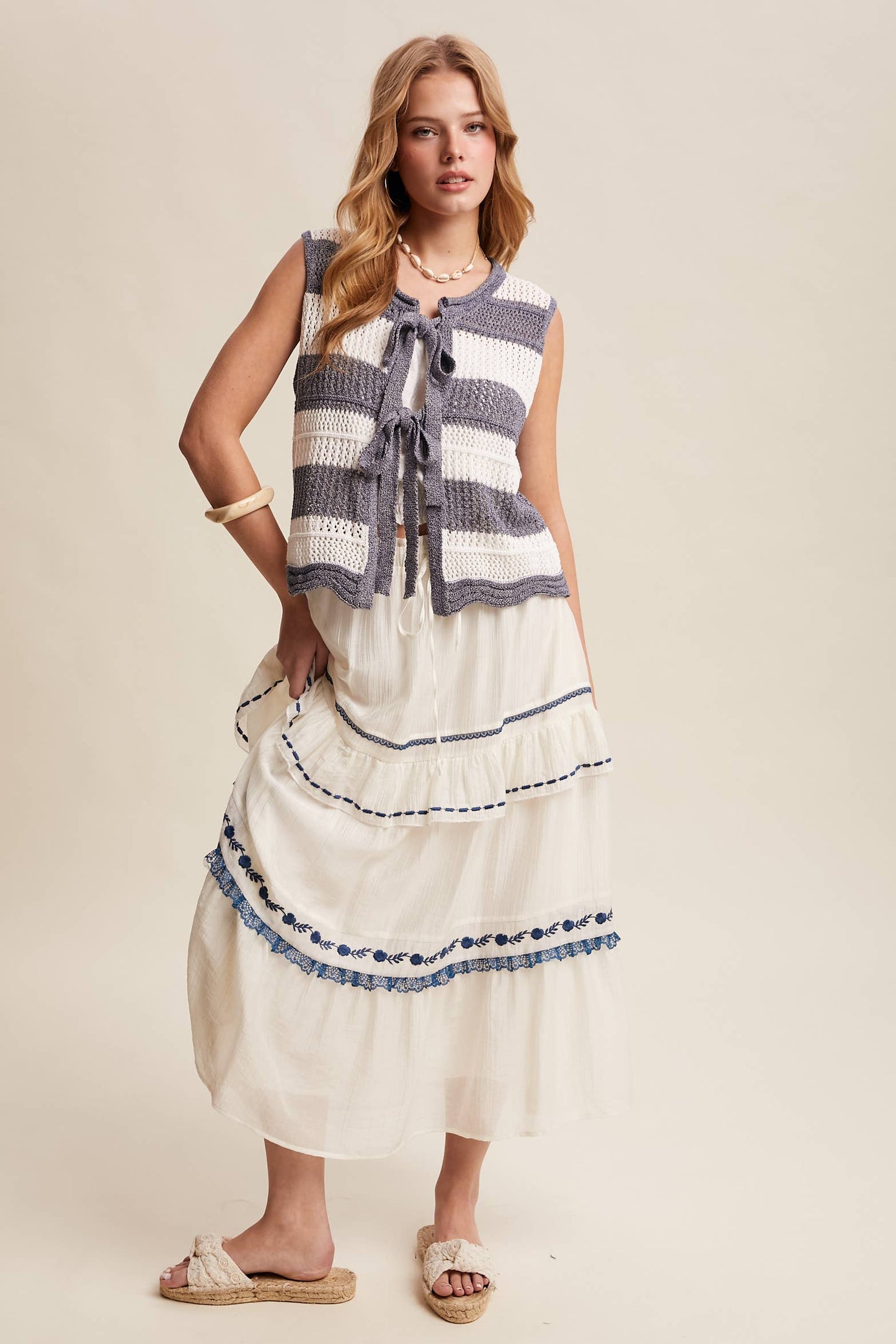 Striped Crochet Tie-Front Knit Vest