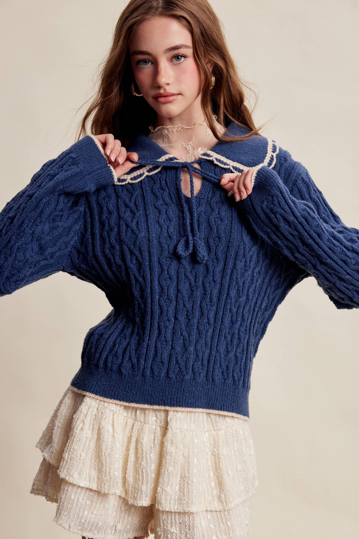 Scalloped Collar Cable Knit Sweater LSW1067