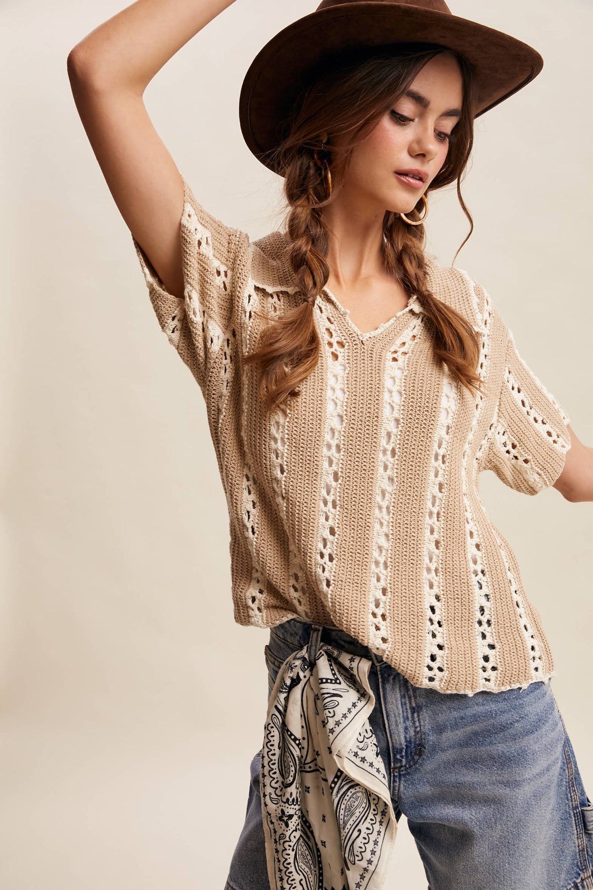 Crochet Stripe Knit Collar Top LSW1040