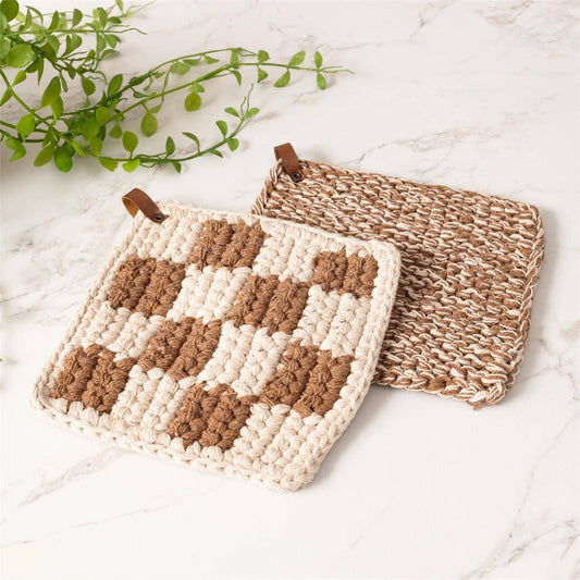 Knitted Pot Holder - Brown And Cream (