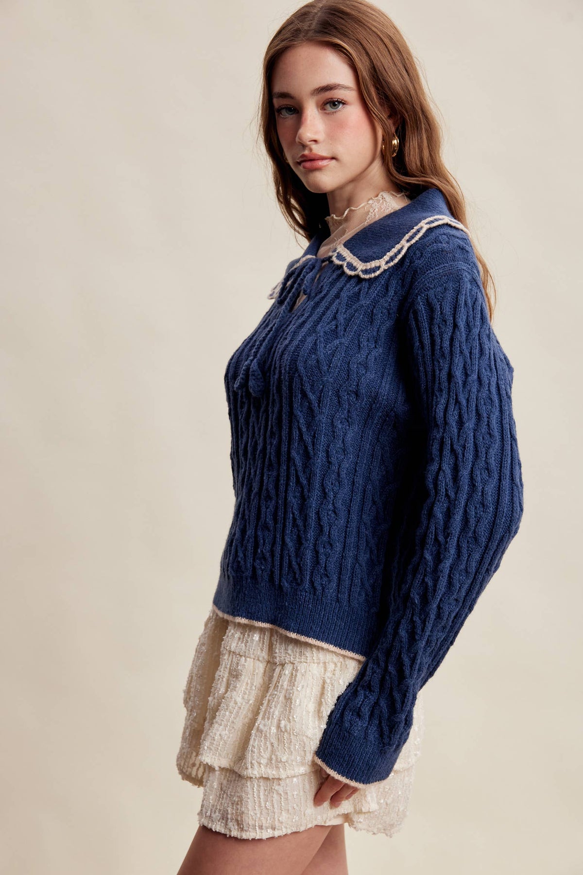 Scalloped Collar Cable Knit Sweater LSW1067