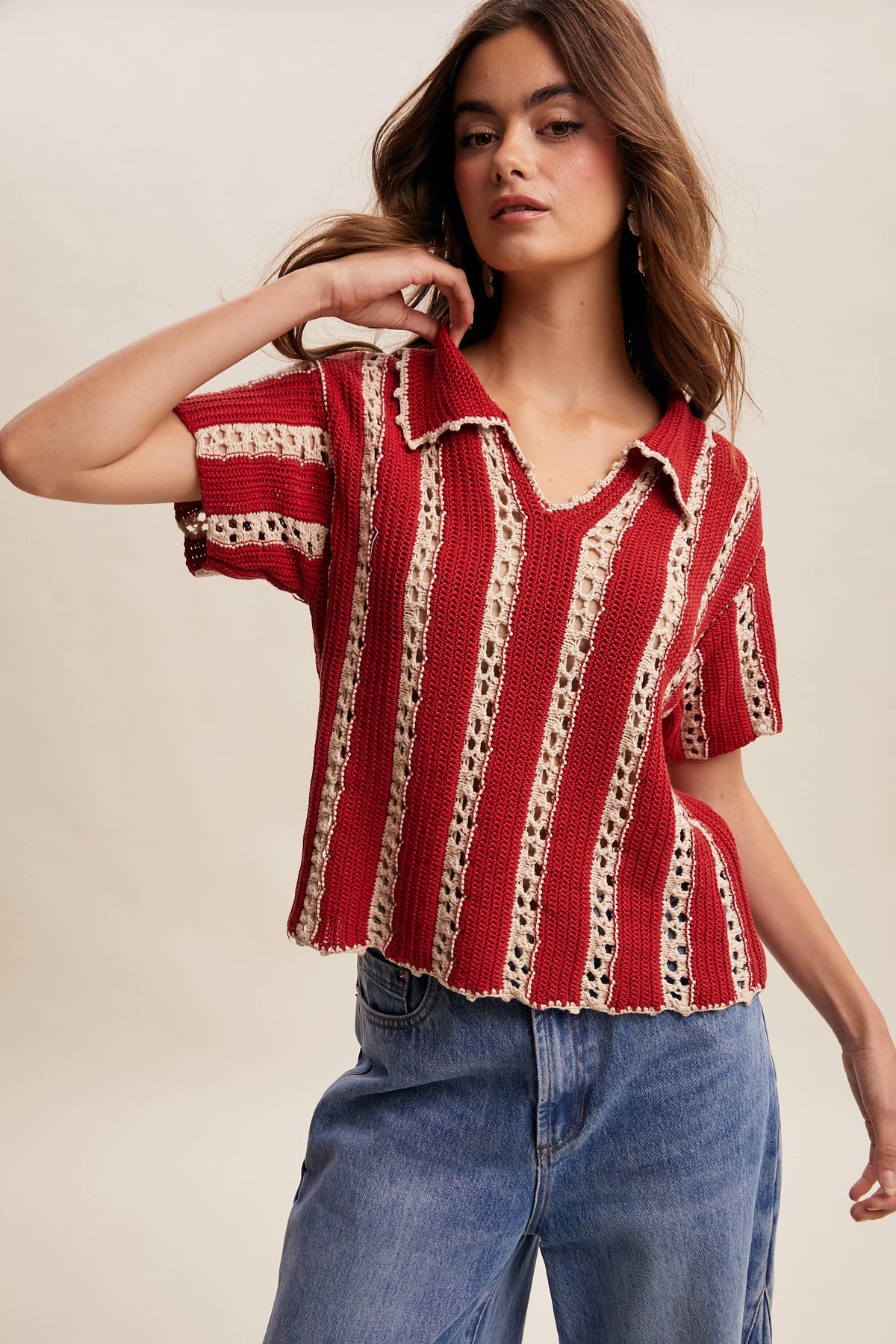 Crochet Stripe Knit Collar Top LSW1040