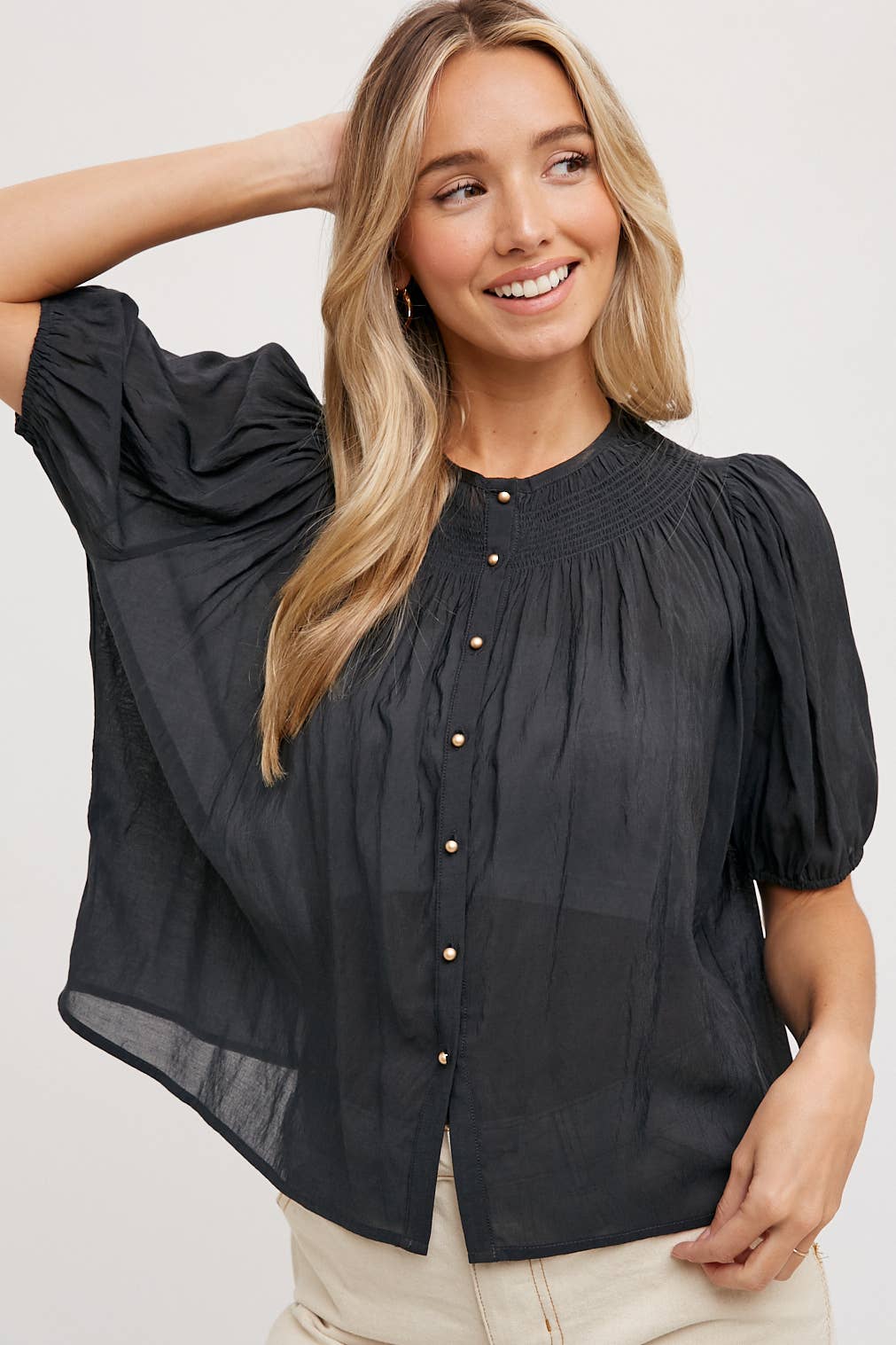 Ruched Neck Bubble Blouse