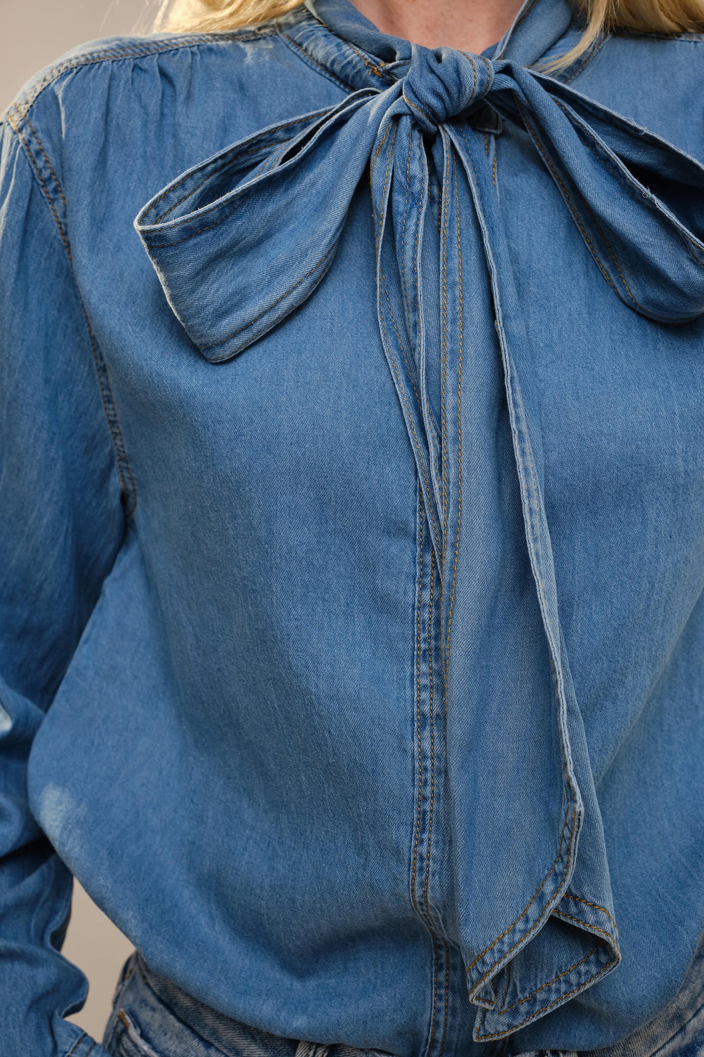 Tie Neck Chambray Blouse