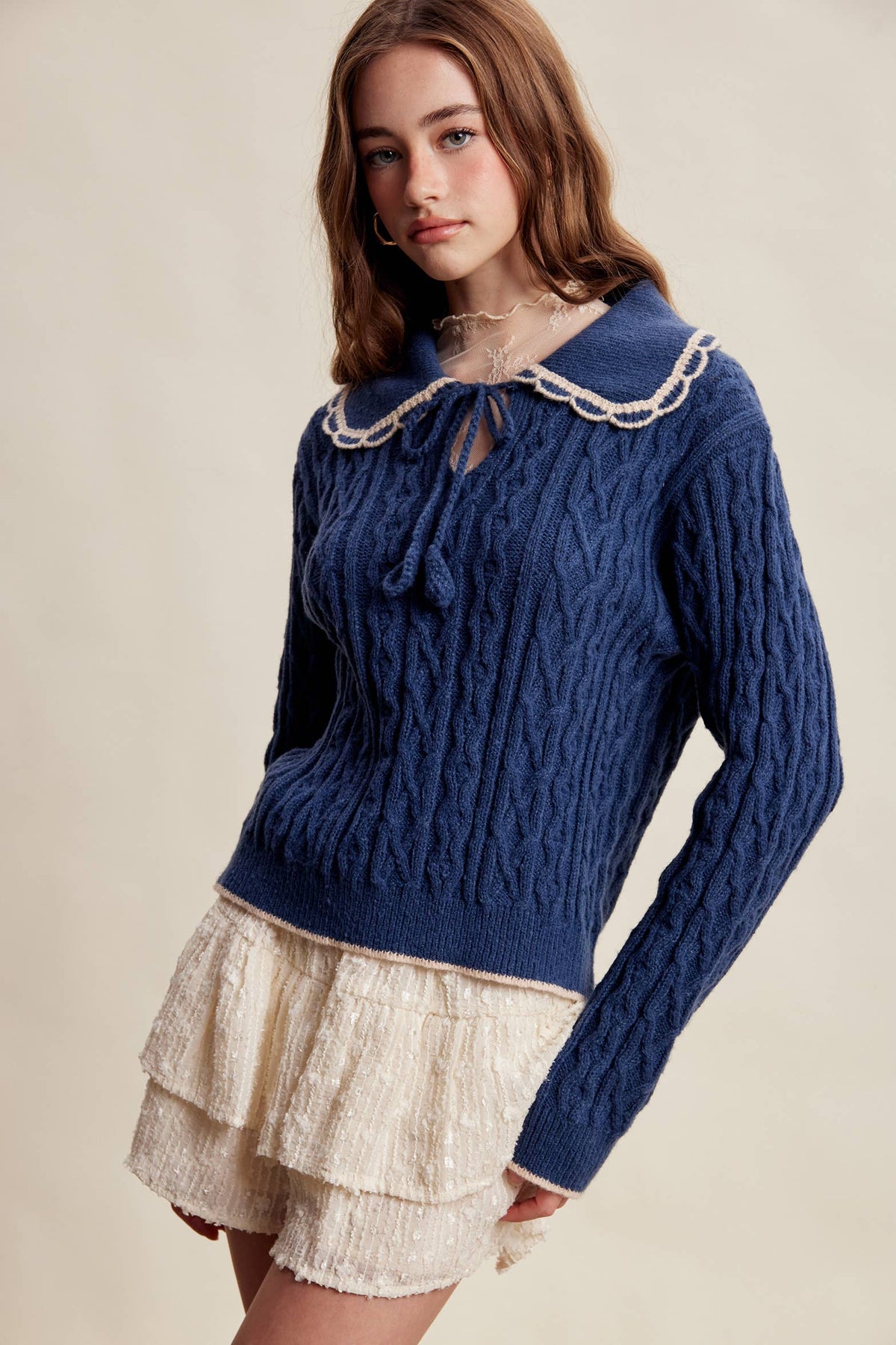Scalloped Collar Cable Knit Sweater LSW1067