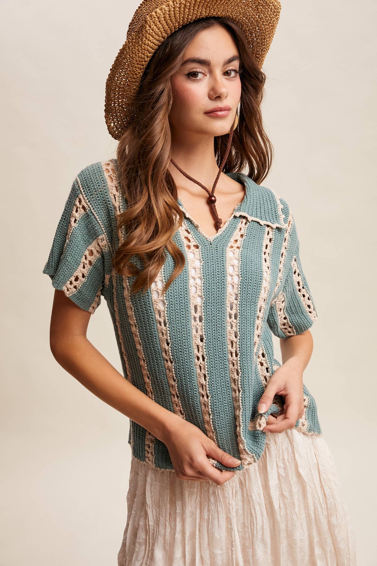 Crochet Stripe Knit Collar Top LSW1040