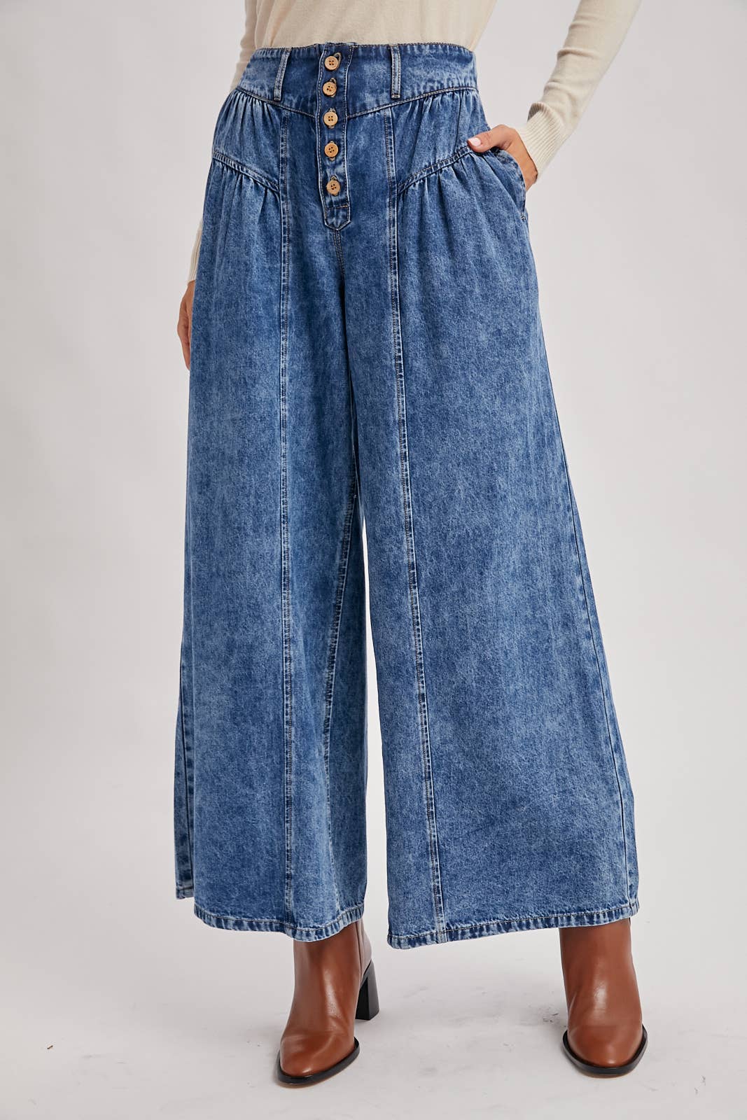 DENIM PLEATED RETRO HIGH-RISE WIDE LEG JEANS