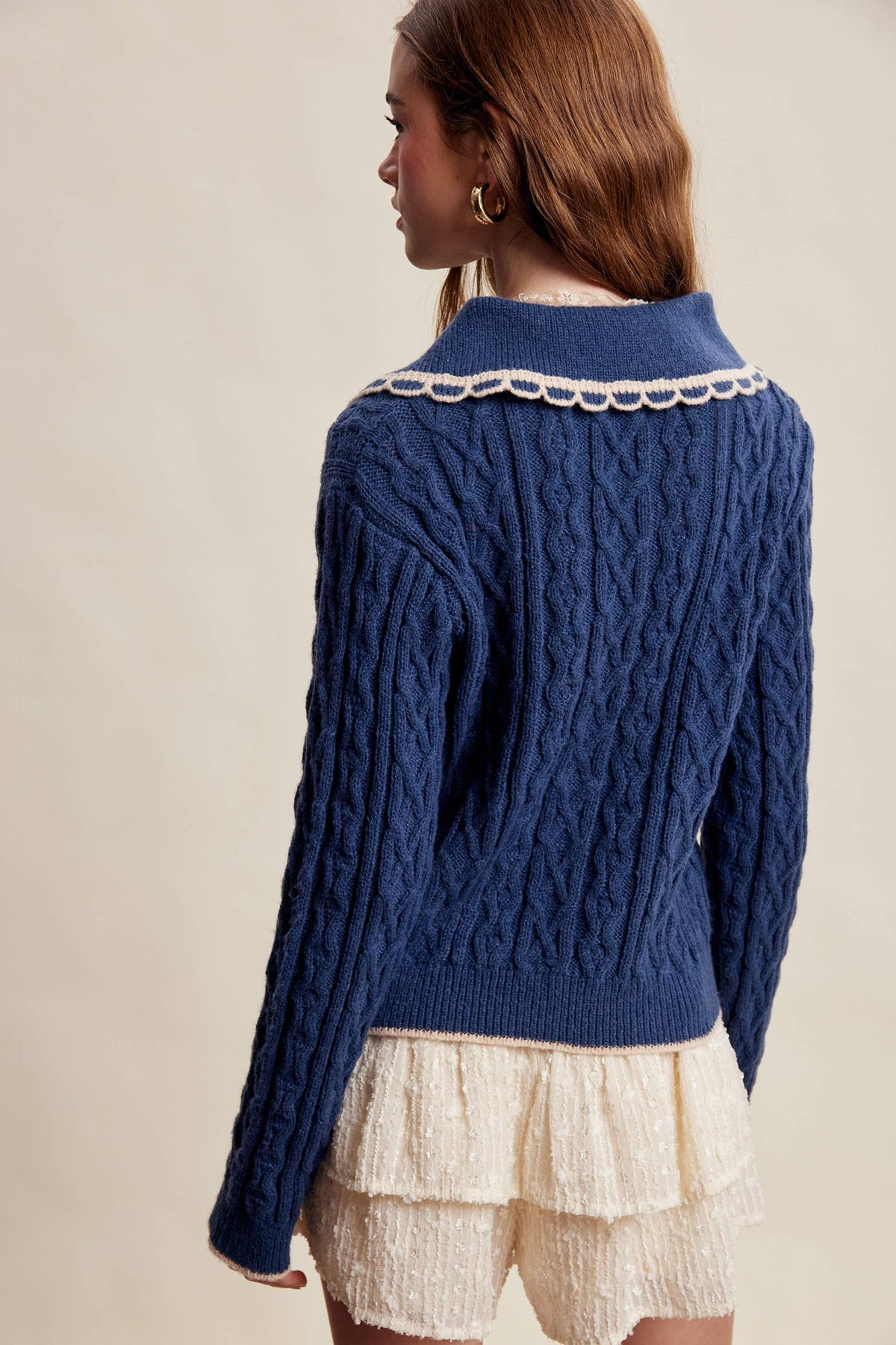 Scalloped Collar Cable Knit Sweater LSW1067