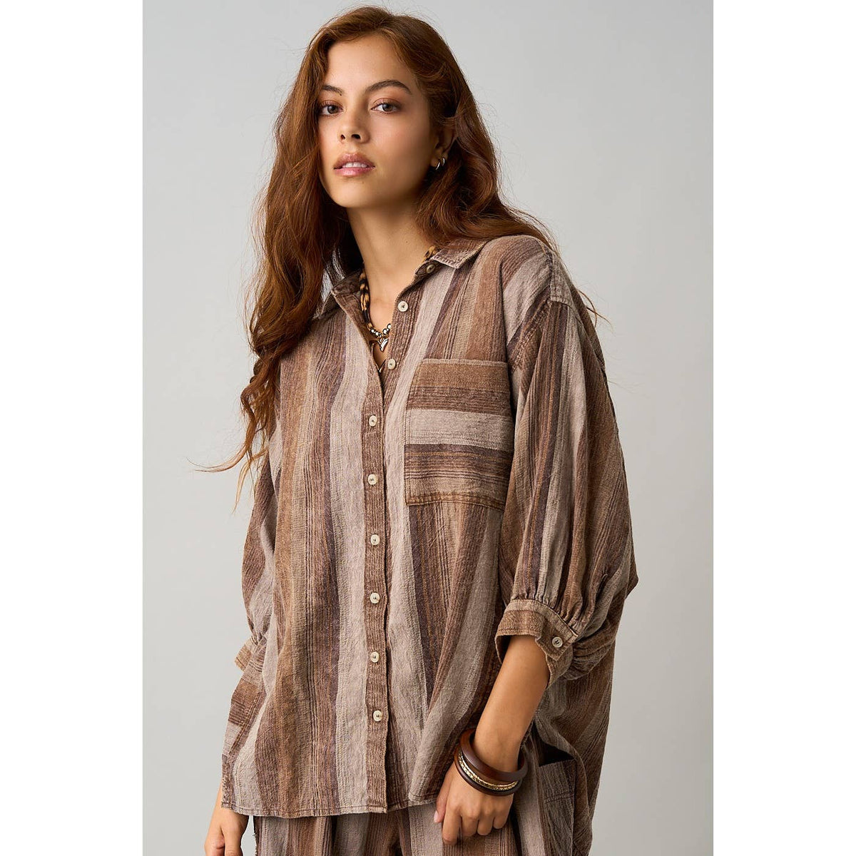 STRIPED BUTTON DOWN BALLOON SLEEVE SHIRT