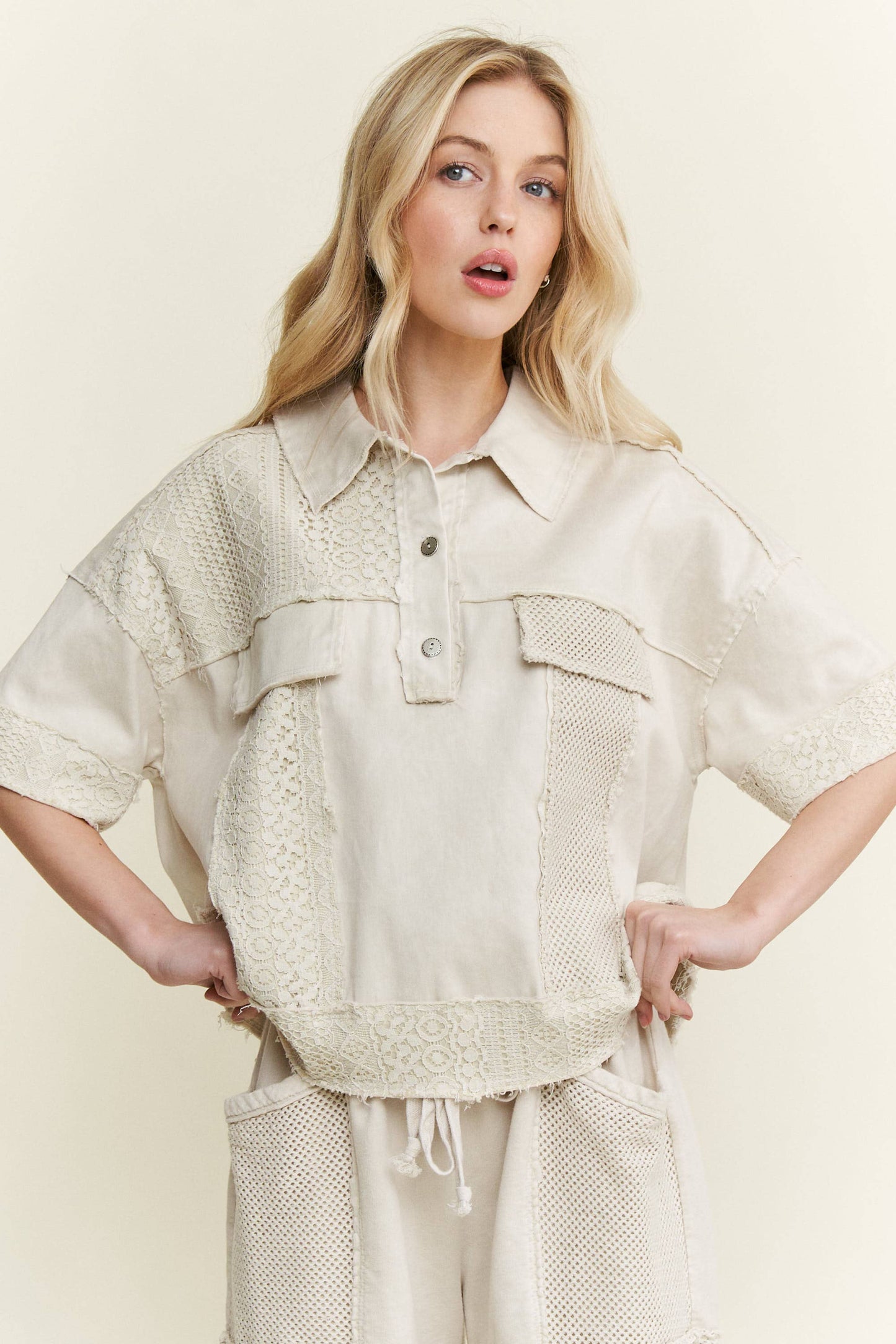 Washed Lace Mesh Collared Blouse