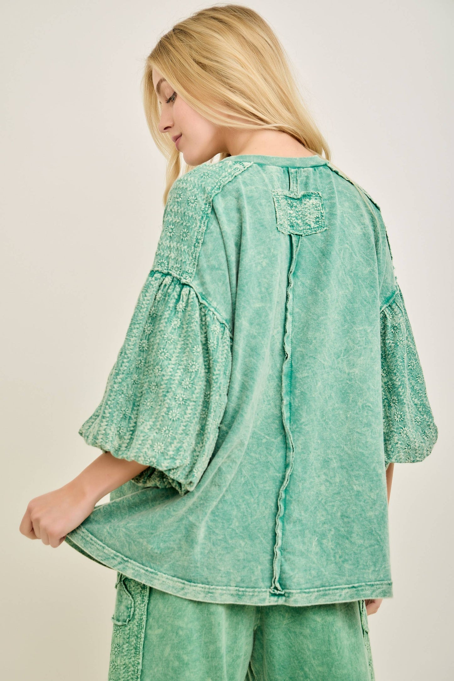 Mineral Washed Eyelet Puff Sleeve Blouse