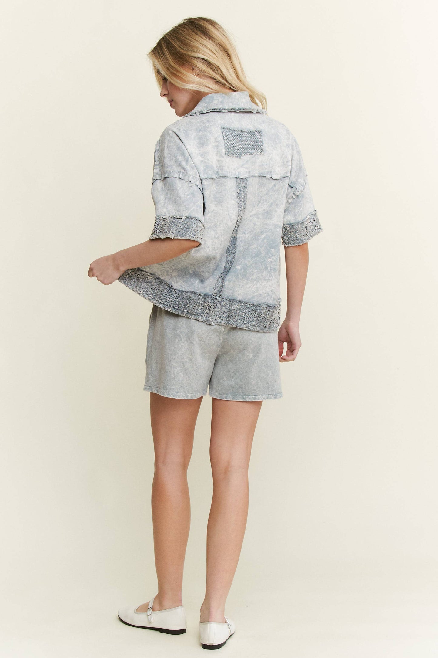 Washed Lace Mesh Collared Blouse