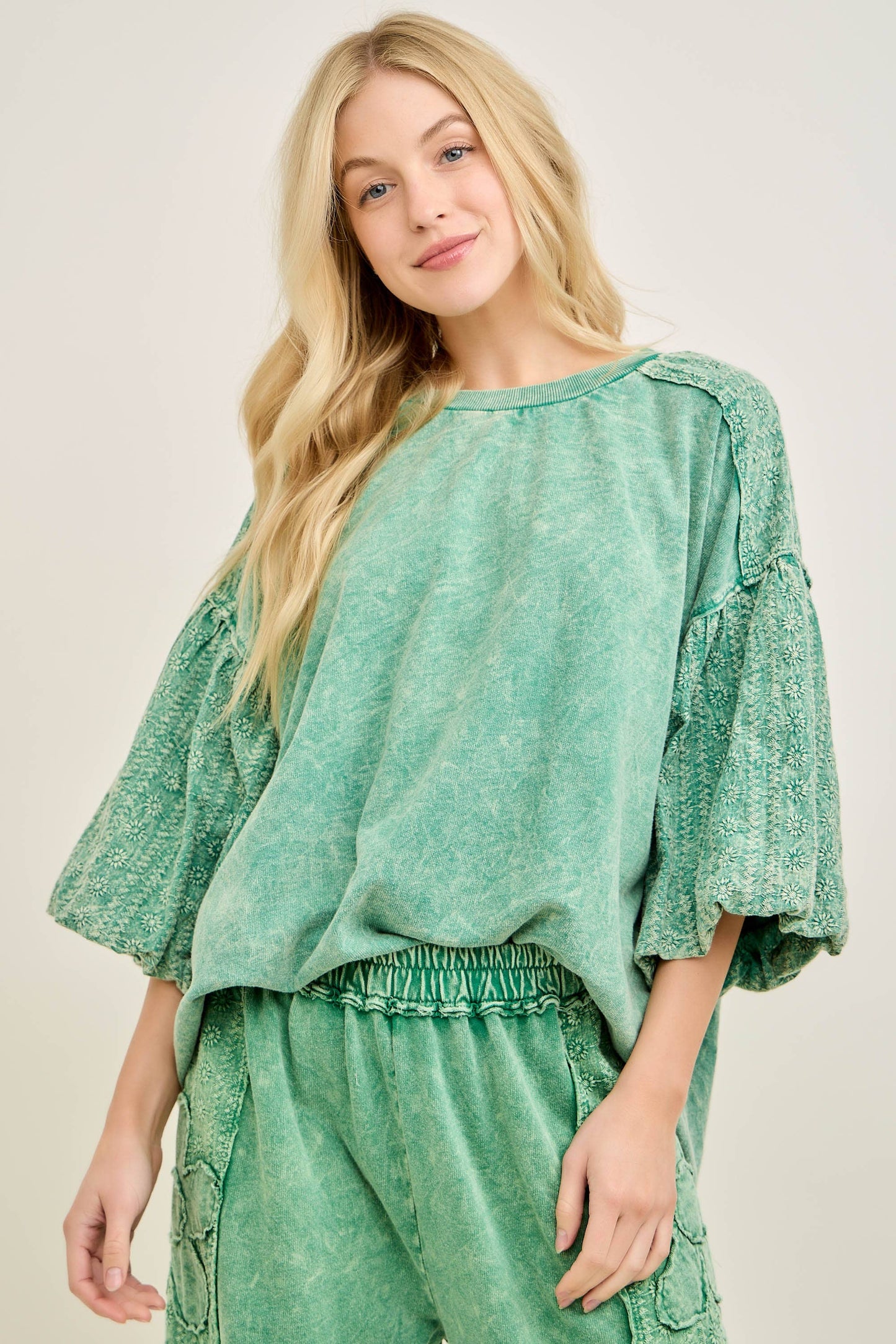Mineral Washed Eyelet Puff Sleeve Blouse