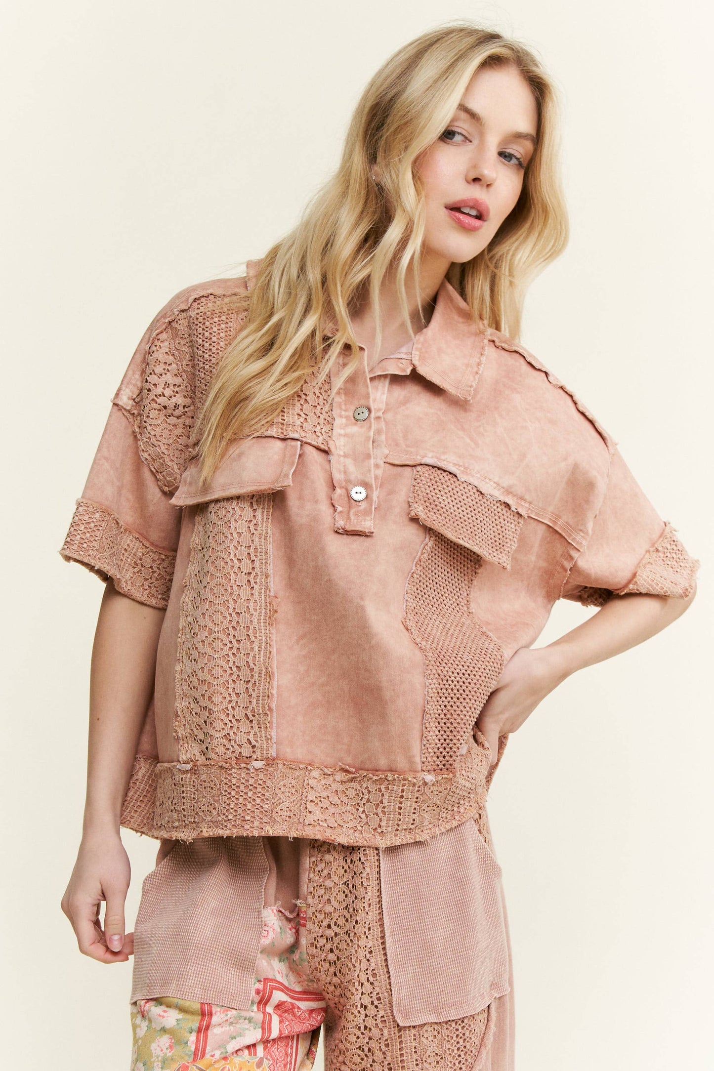 Washed Lace Mesh Collared Blouse