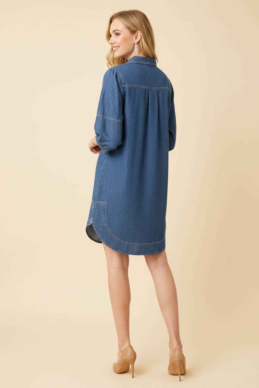 Zip Front Puff Sleeve Denim Mini Shift Dress