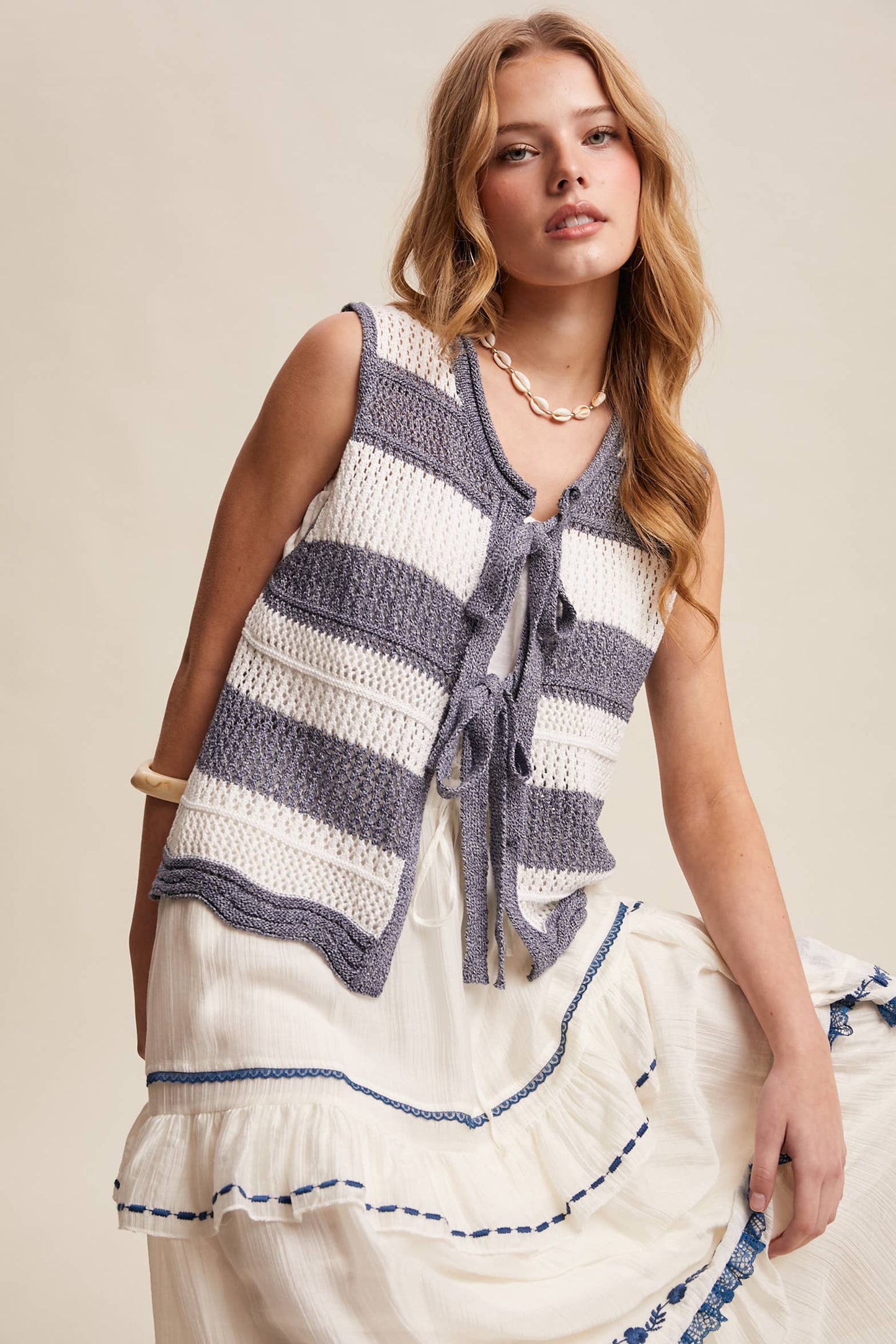 Striped Crochet Tie-Front Knit Vest