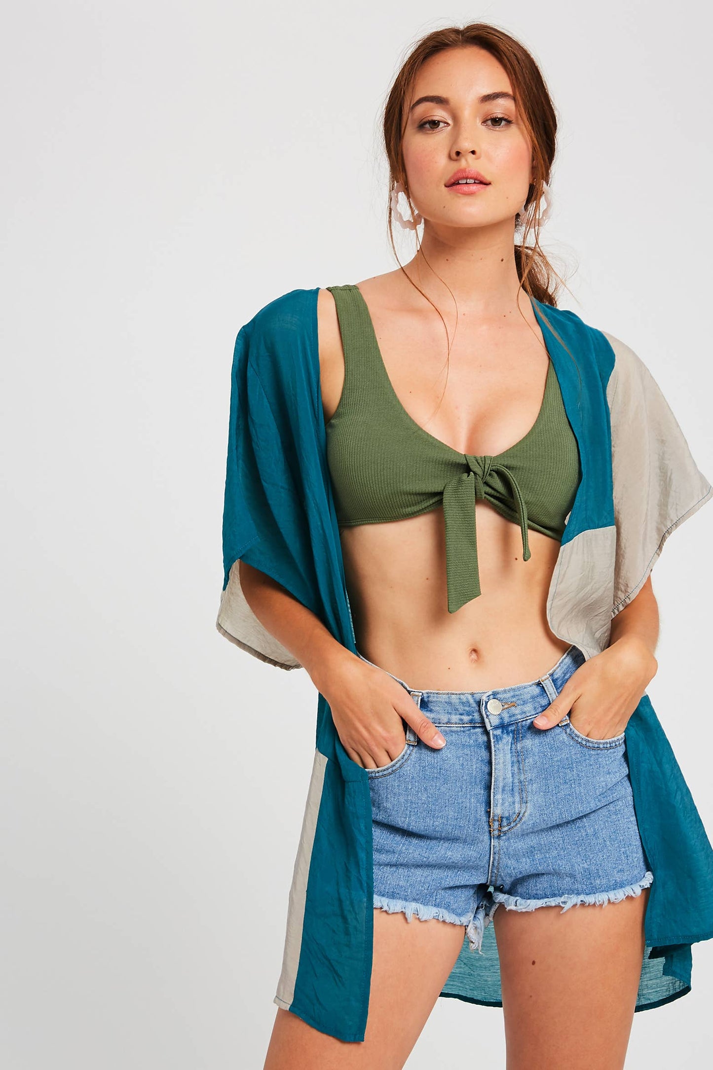 Semi Sheer Color Block Kimono Cardigan