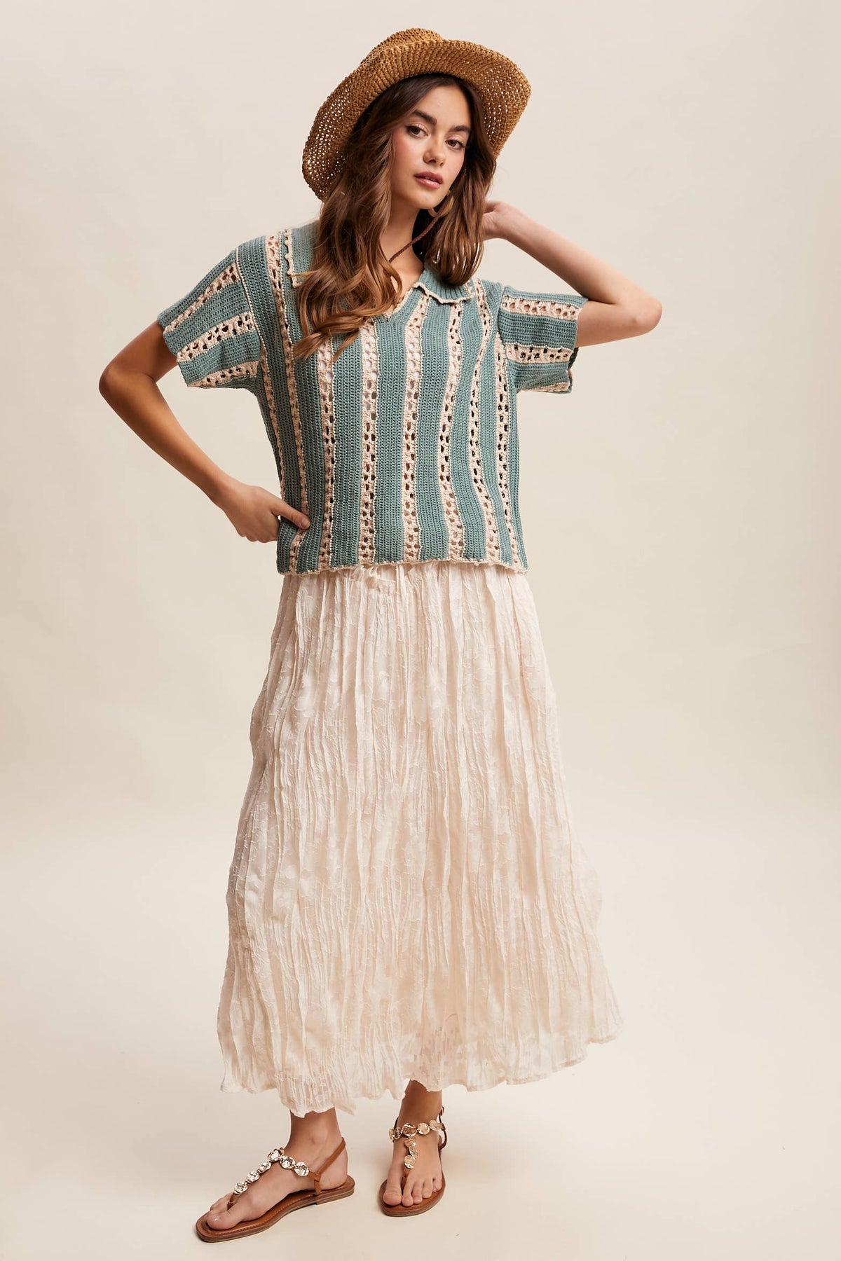 Crochet Stripe Knit Collar Top LSW1040