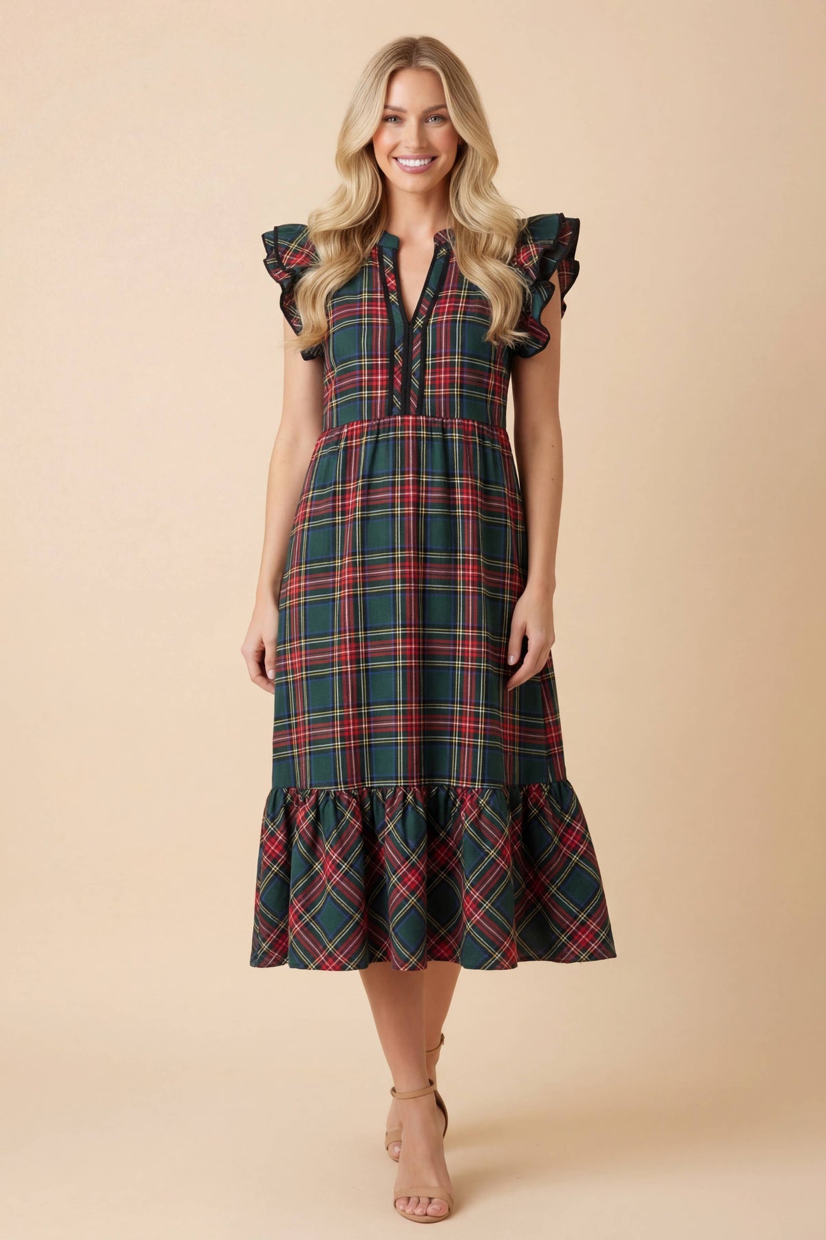 Plaid Ruffle Sleeve Tiered Midi Dress