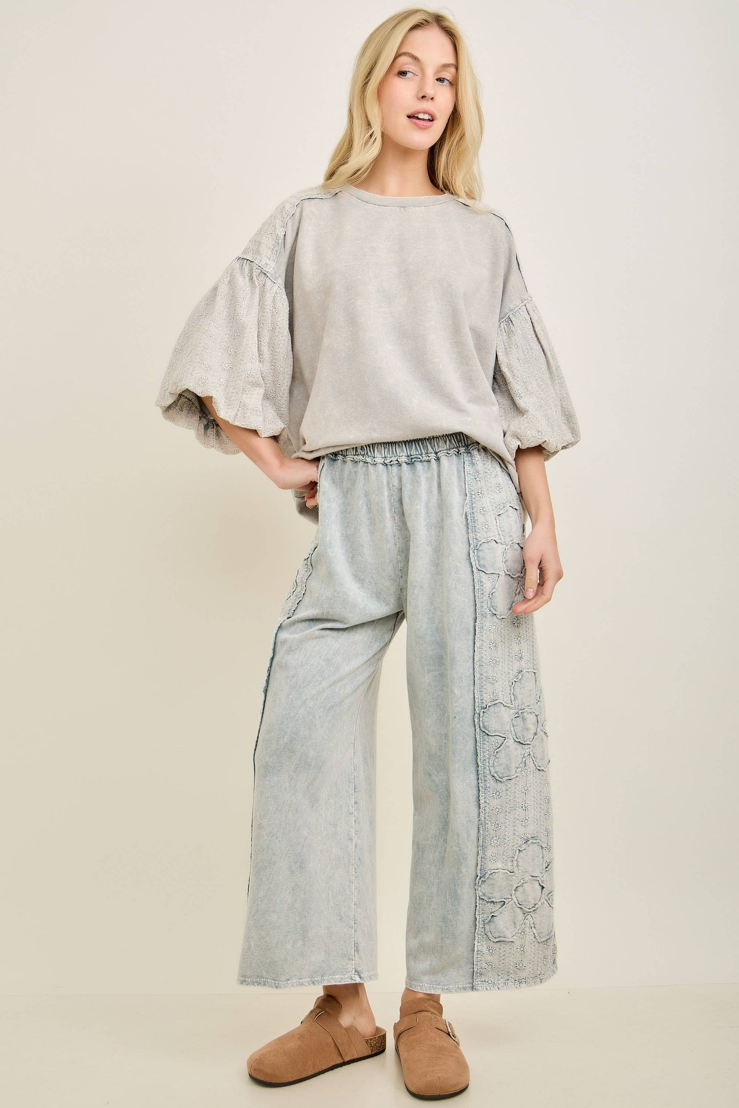 Mineral Washed Eyelet Flower Pants