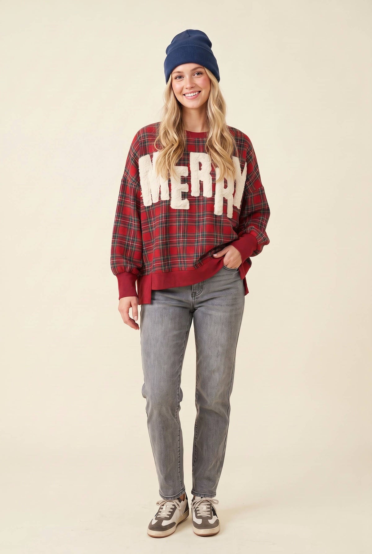 Merry Plaid Sherpa Applique Pullover Sweatshirt