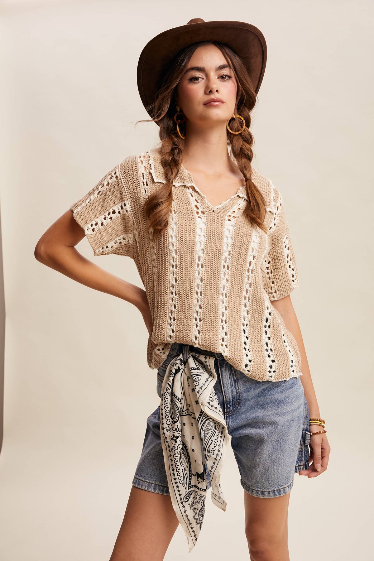 Crochet Stripe Knit Collar Top LSW1040