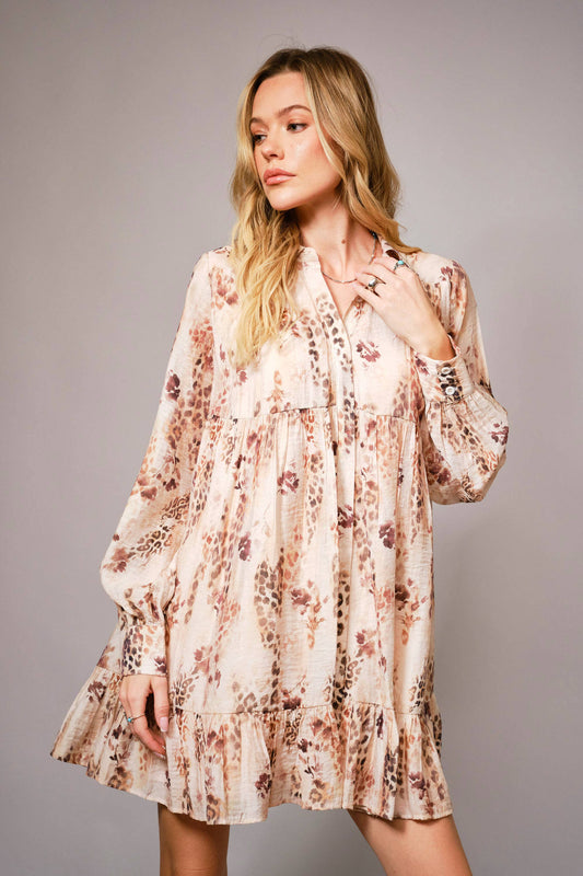 Floral Leopard Print Tiered Mini Dress