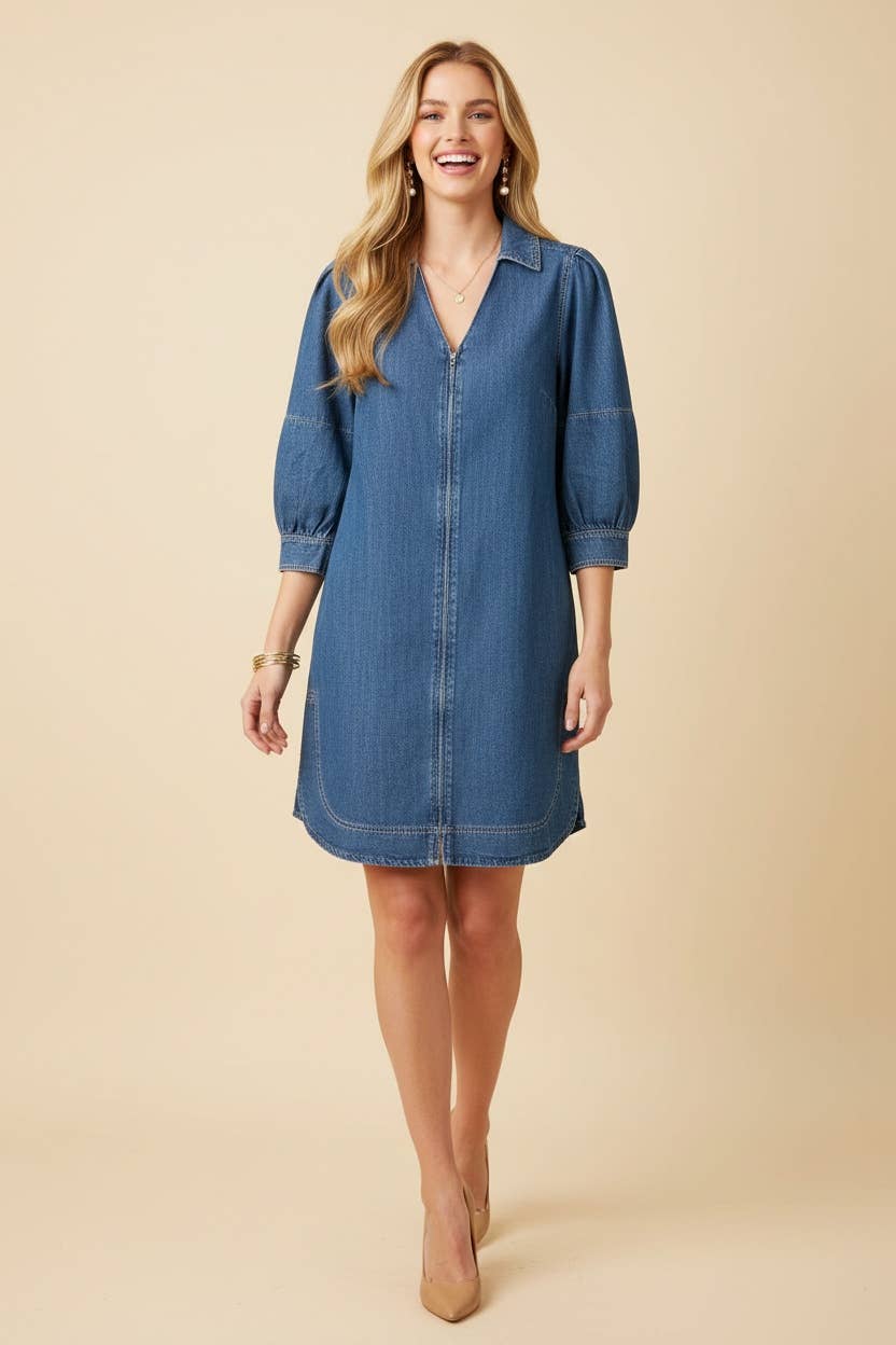 Zip Front Puff Sleeve Denim Mini Shift Dress