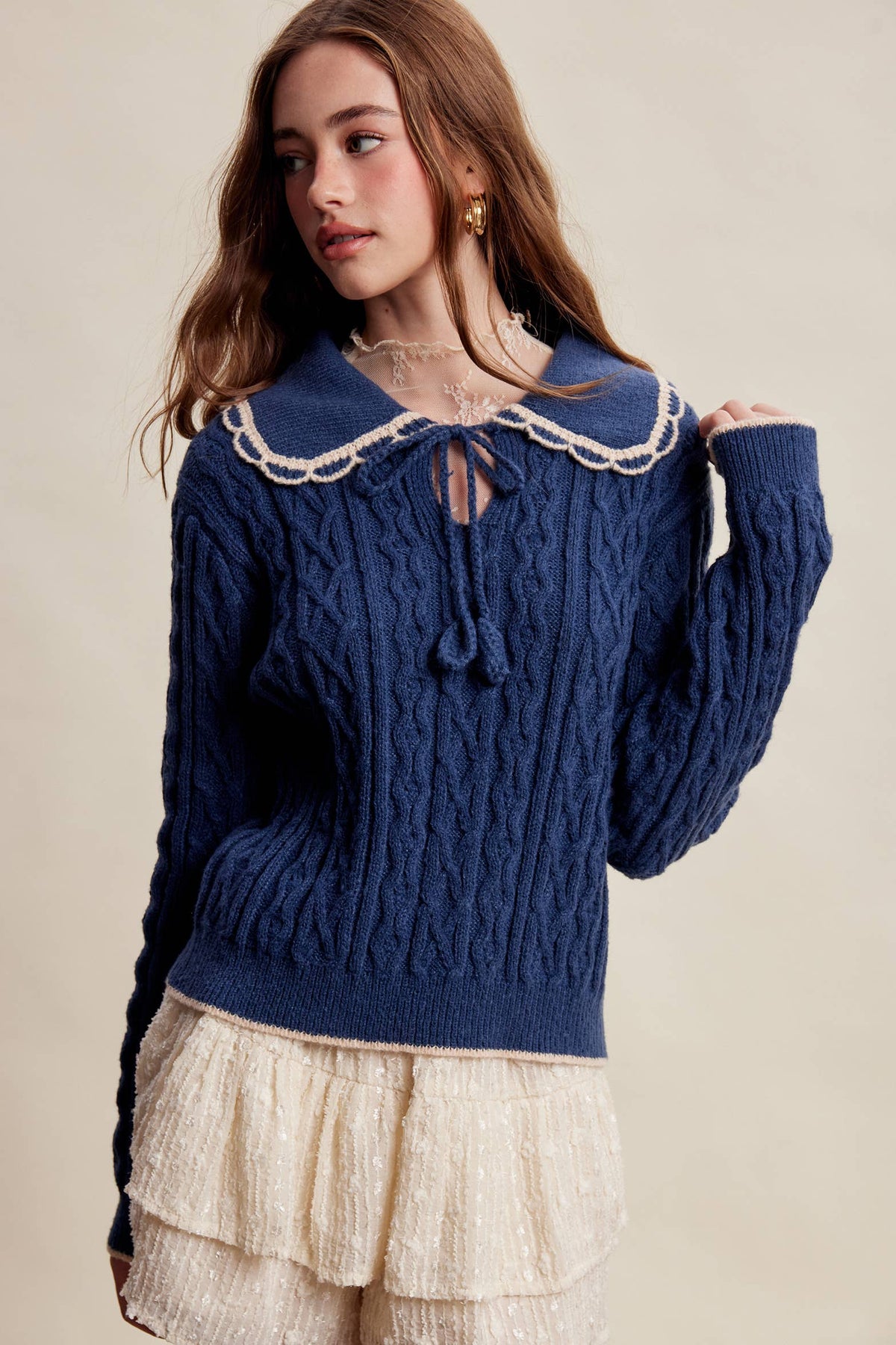 Scalloped Collar Cable Knit Sweater LSW1067