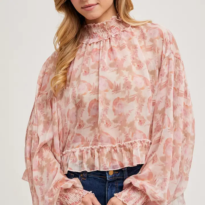 Floral Mock Neck Chiffon Top