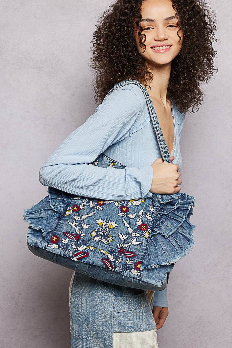 Vintage Ruffle Denim Tote Bag