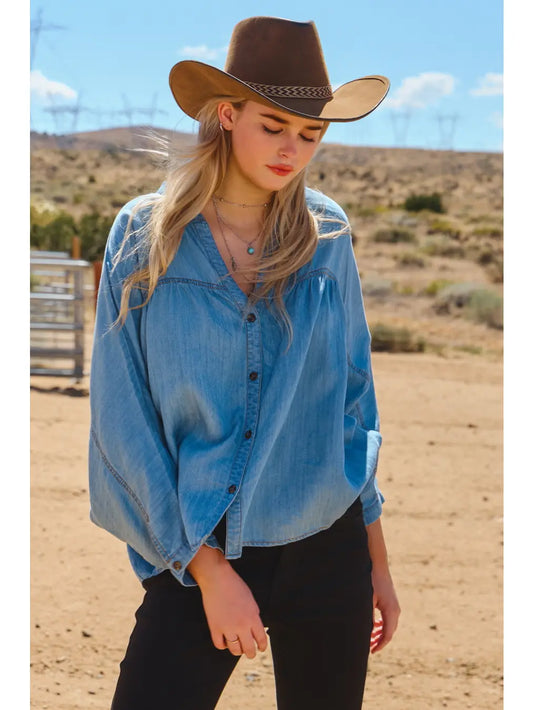 Chambray Denim V-Neck Flow Top