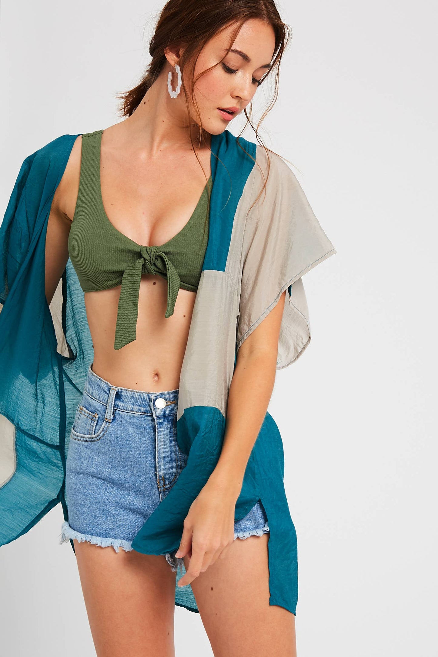 Semi Sheer Color Block Kimono Cardigan