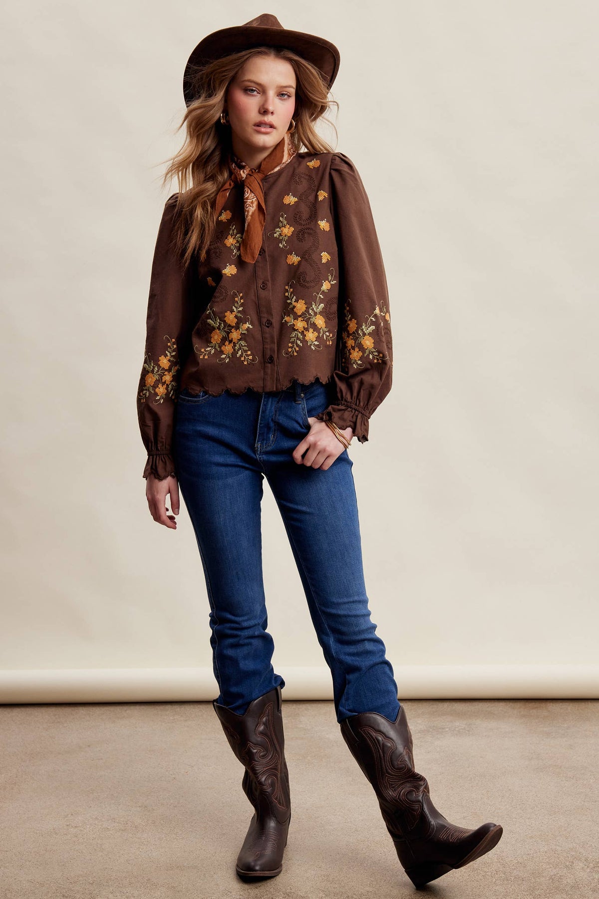 Embroidered Scallop Hem Cotton Blouse LT1482