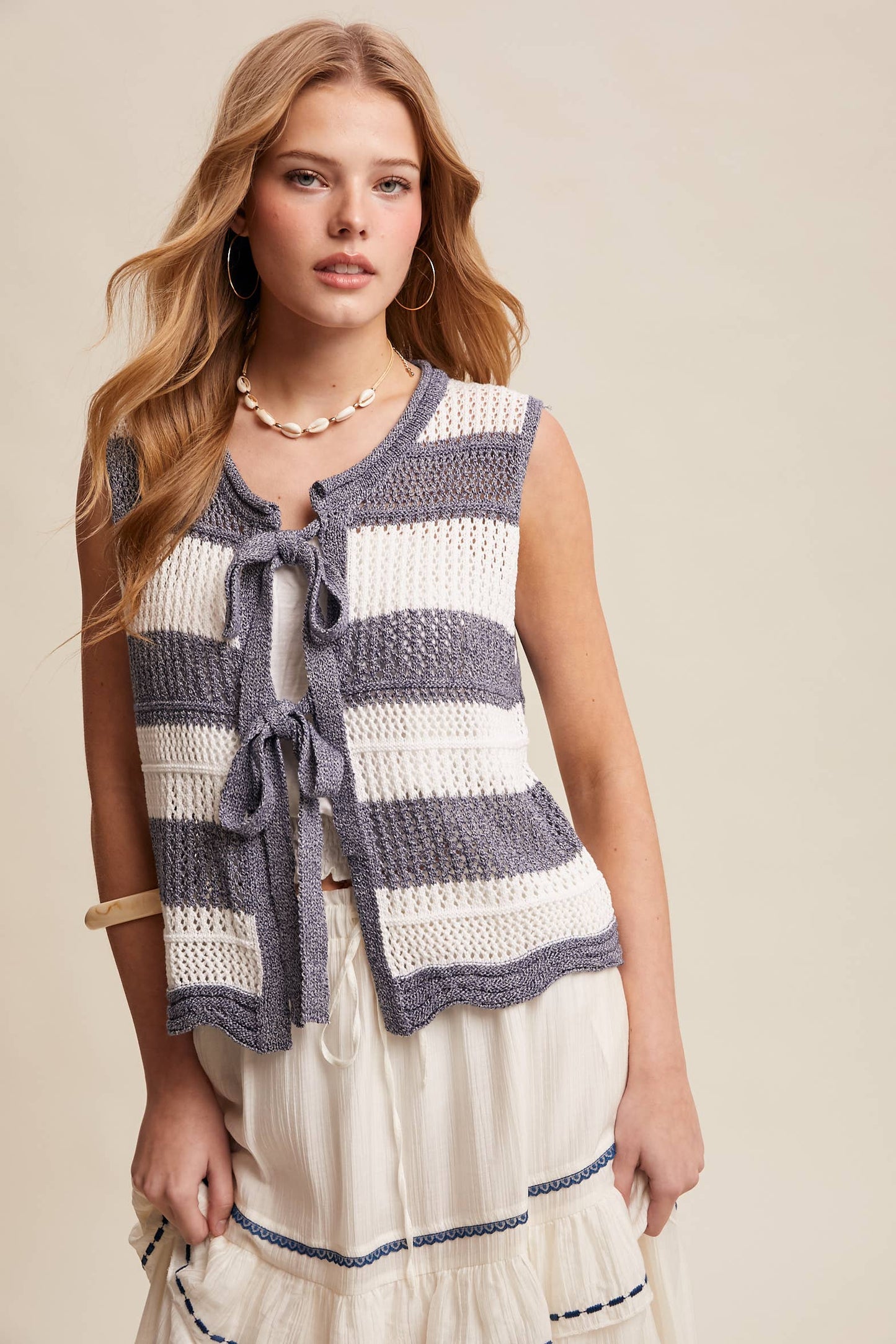 Striped Crochet Tie-Front Knit Vest