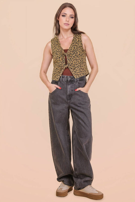 Leopard Denim Front Tie Vest