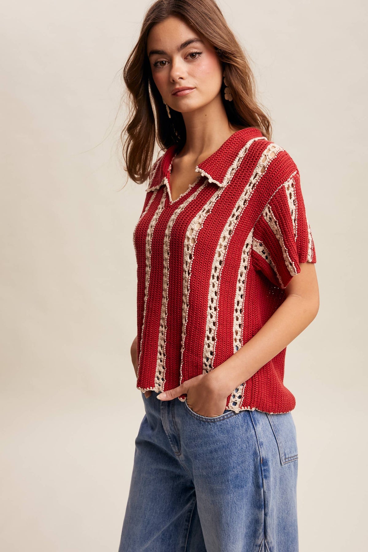 Crochet Stripe Knit Collar Top LSW1040