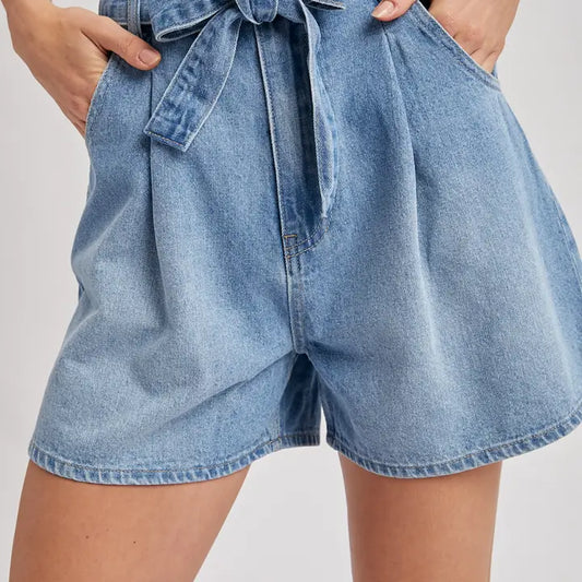 Tied Denim Paper Bag Shorts