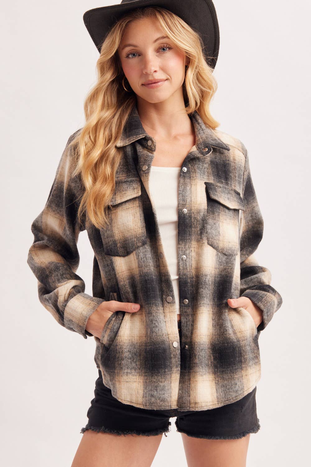 SNAP BUTTON DOWN PLAID SHACKET