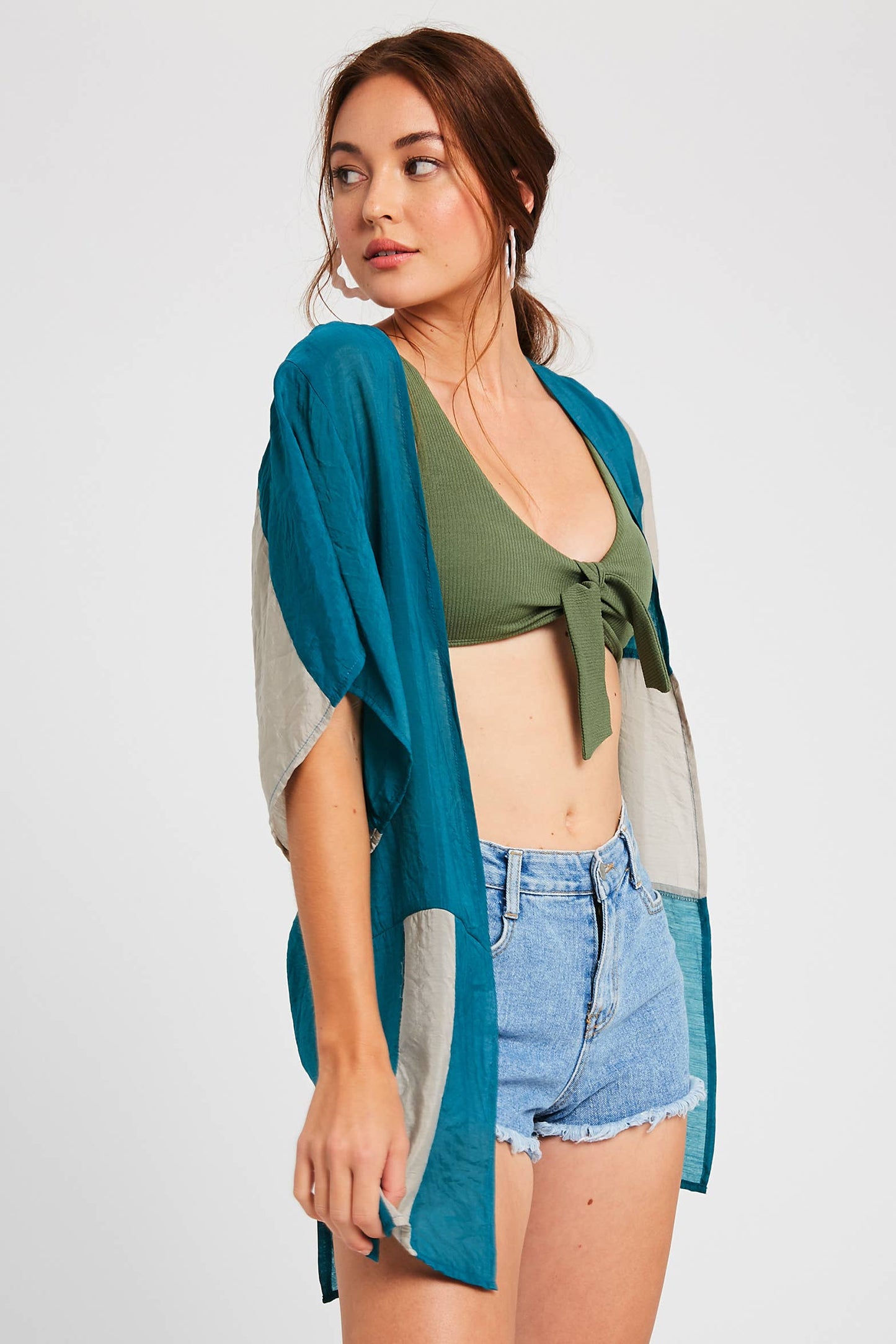 Semi Sheer Color Block Kimono Cardigan