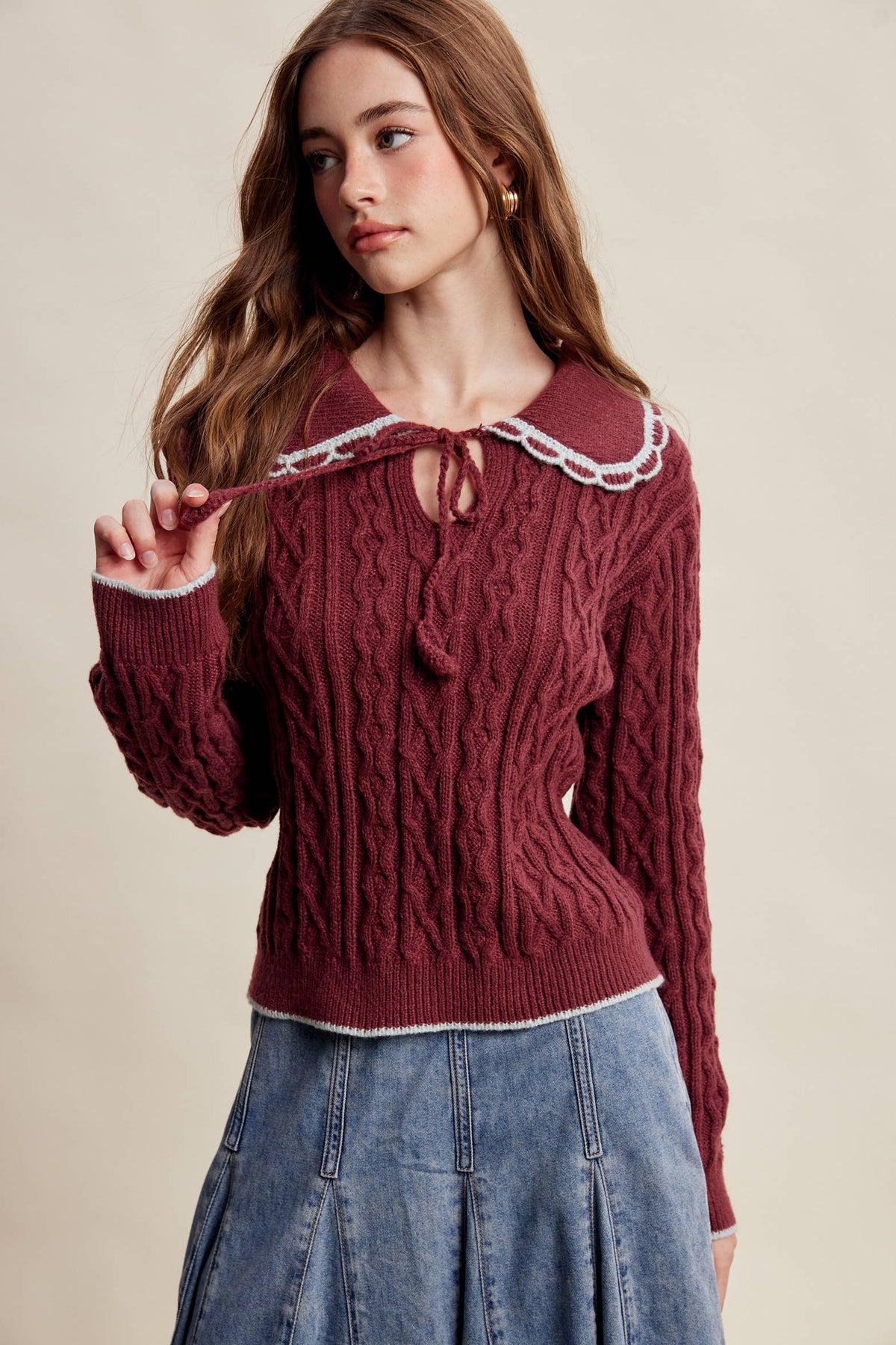 Scalloped Collar Cable Knit Sweater LSW1067