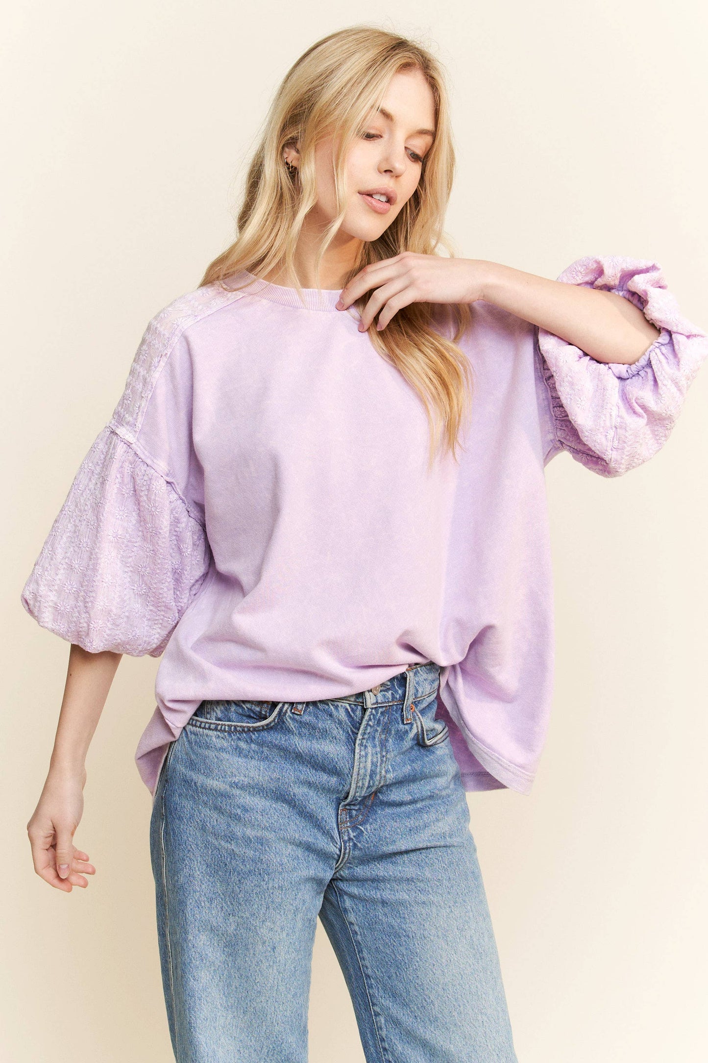 Mineral Washed Eyelet Puff Sleeve Blouse
