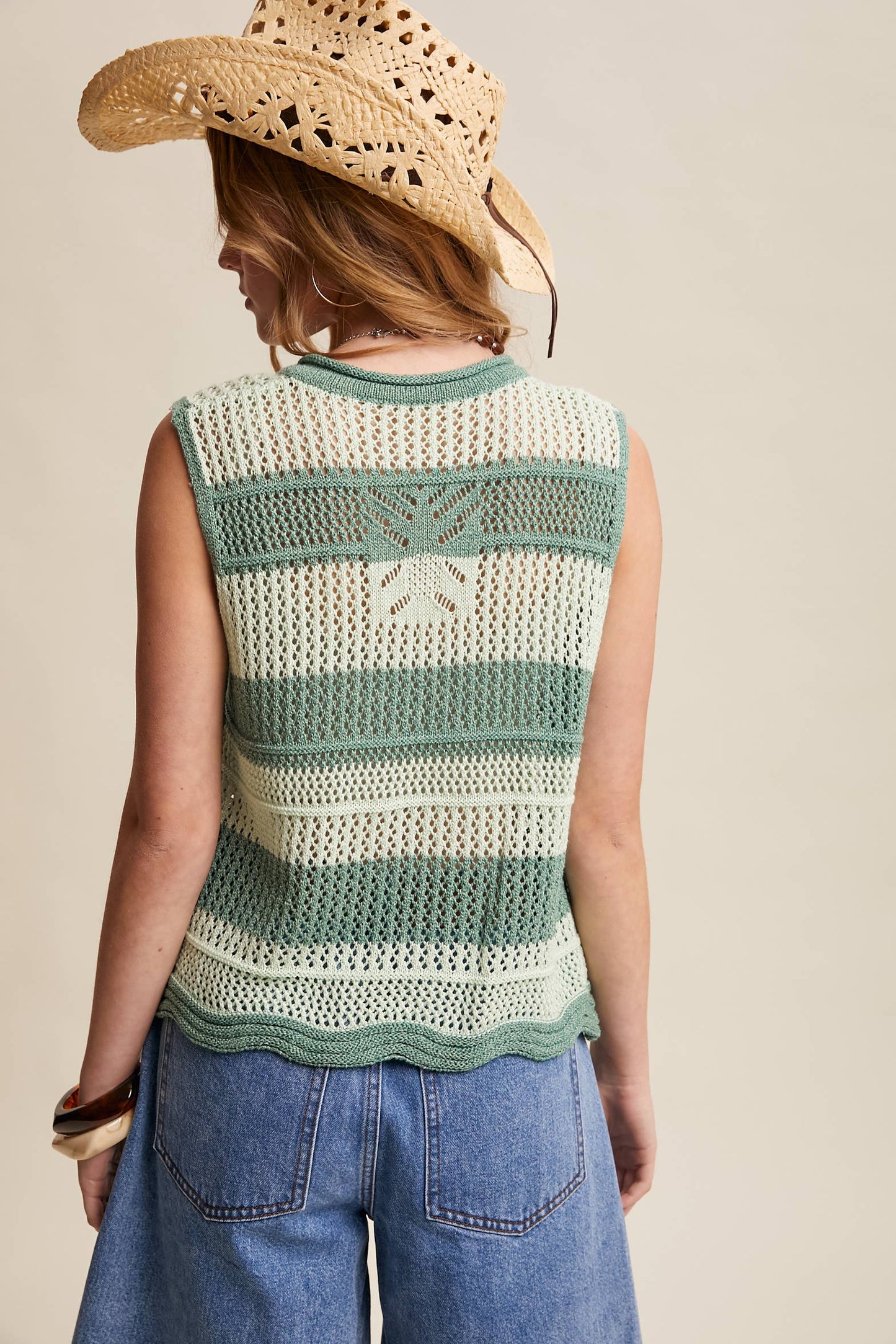 Striped Crochet Tie-Front Knit Vest