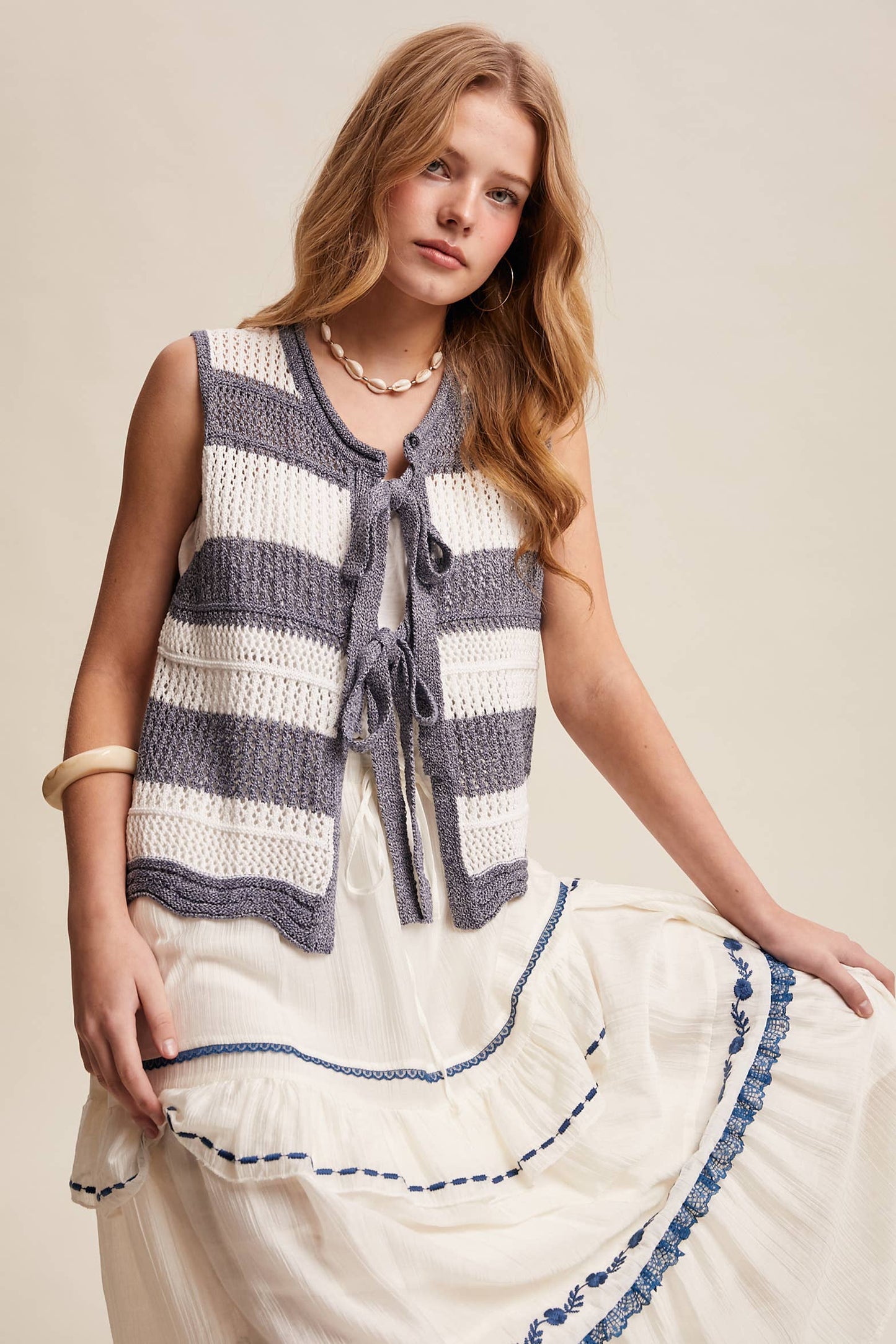 Striped Crochet Tie-Front Knit Vest