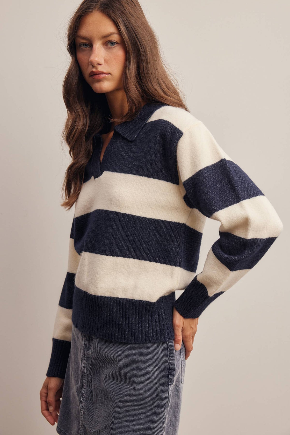 Striped Collared Knit Sweater FSW0089